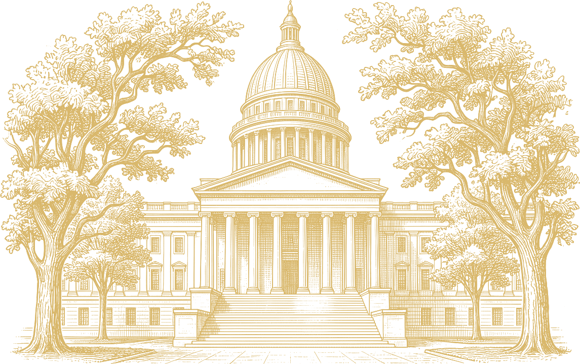 Engraved illustration of a domed state capitol building framed by trees