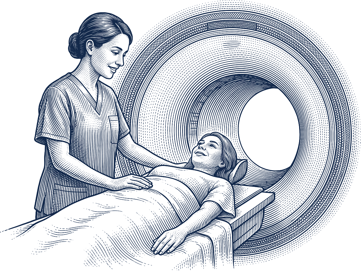 Engraved illustration of an MRI technologist reassuring a patient on the scanner table