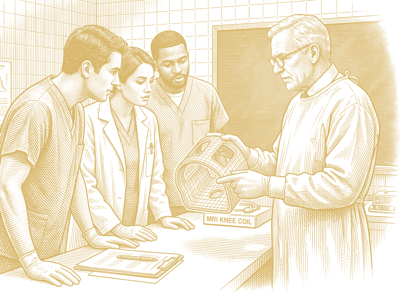 Engraved illustration of an instructor showing MRI students a knee coil