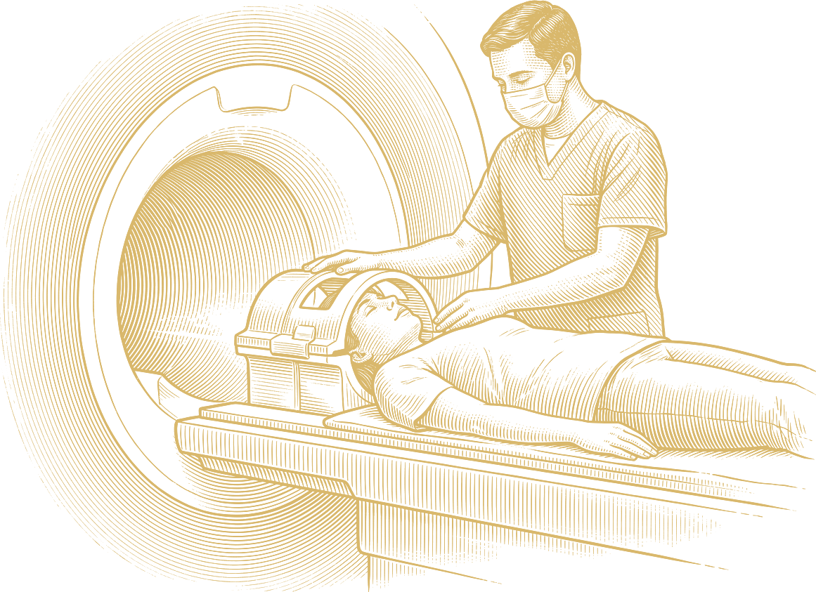 Engraved illustration of a technologist fitting a head coil on a patient