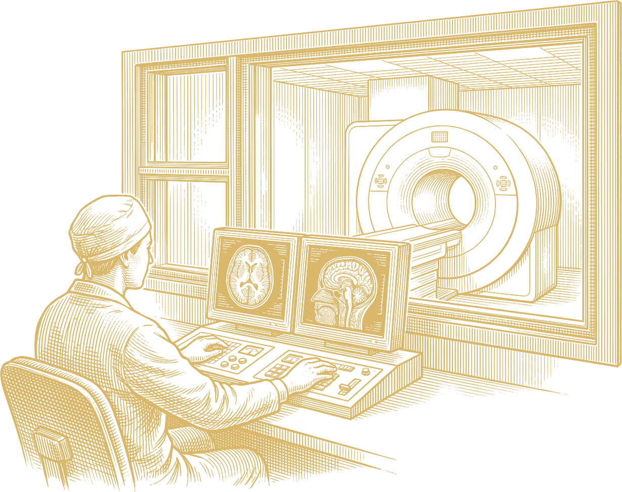 Engraved illustration of an MRI technologist at the scanner console reviewing brain images