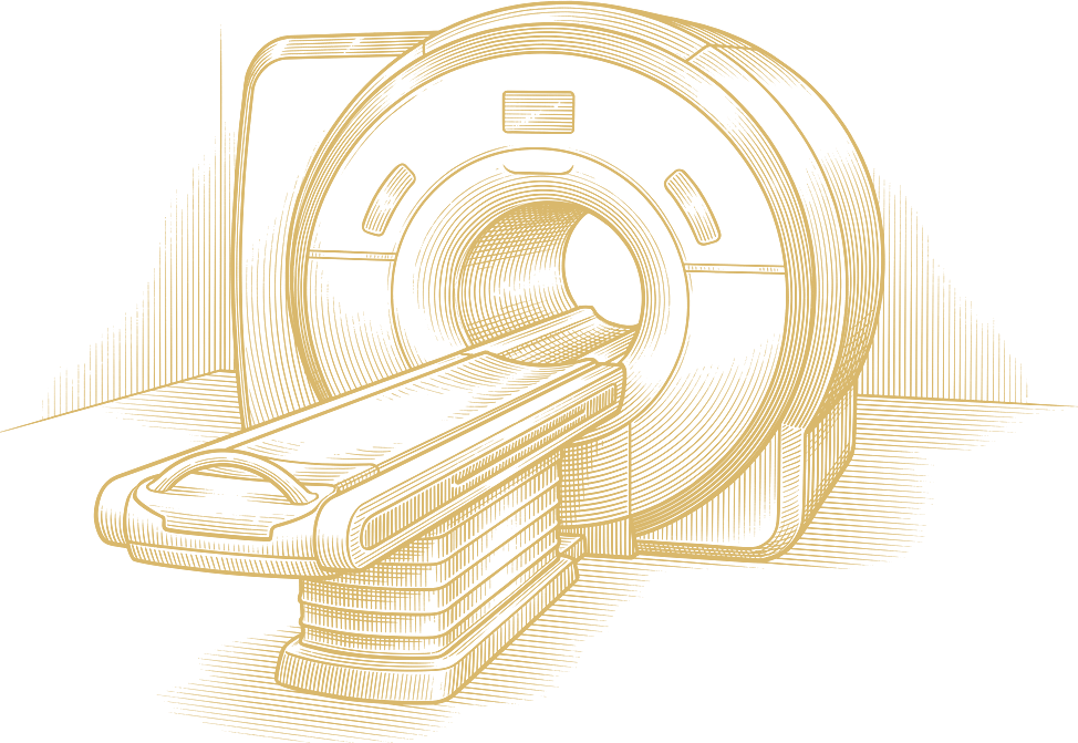 Engraved illustration of an MRI scanner seen from the front