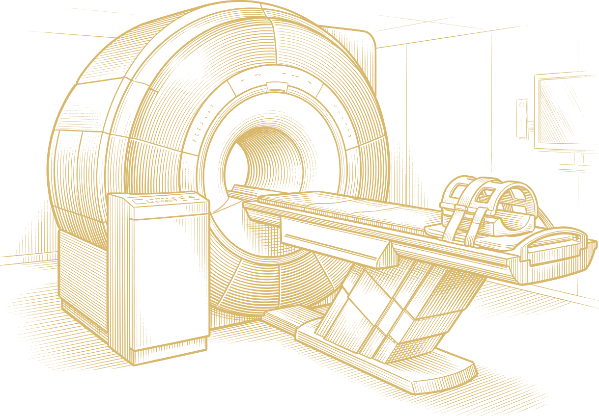 Engraved illustration of a closed-bore MRI scanner with a head coil on the patient table